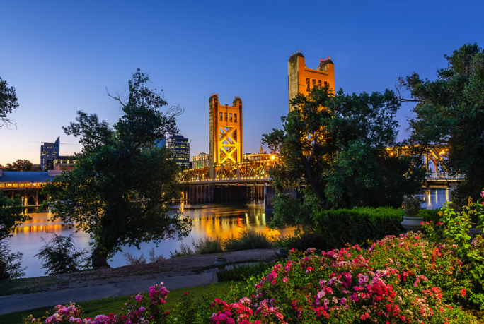 Evening view of the illuminated Tower Bridge in Sacramento, California, with vibrant flowers and greenery in the foreground and reflections on the river beneath the bridge.